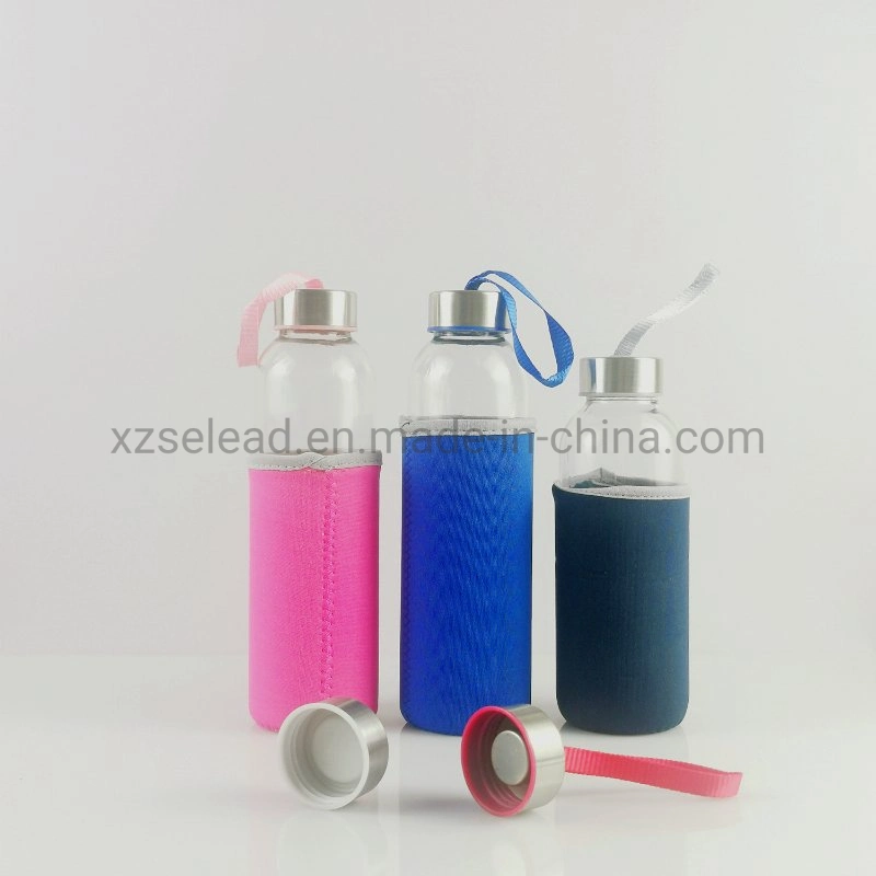 500ml Juice Beverages Glass Water Bottle with Bamboo/Stainless Steel Leak-Proof Caps & Sleeve