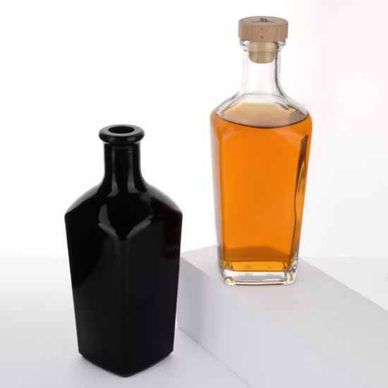 700ml 750ml transparente preto brilhante destilaria espírito rum vodca uísque garrafa de vidro com rolha